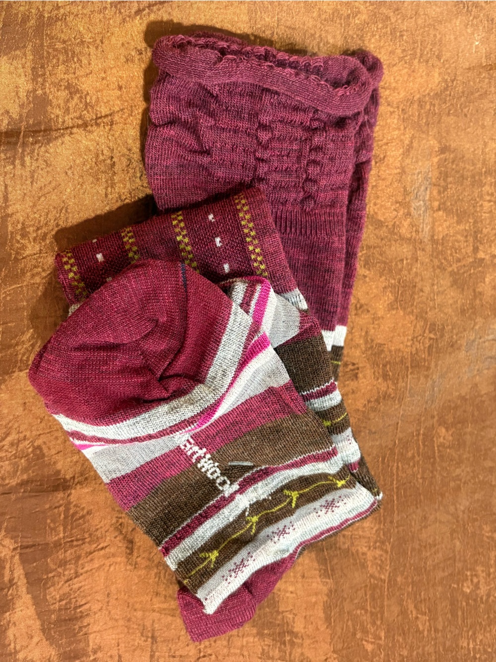 Smartwool Maroon, Brown and Cream Patterned Wool Socks Brand New w/o tags